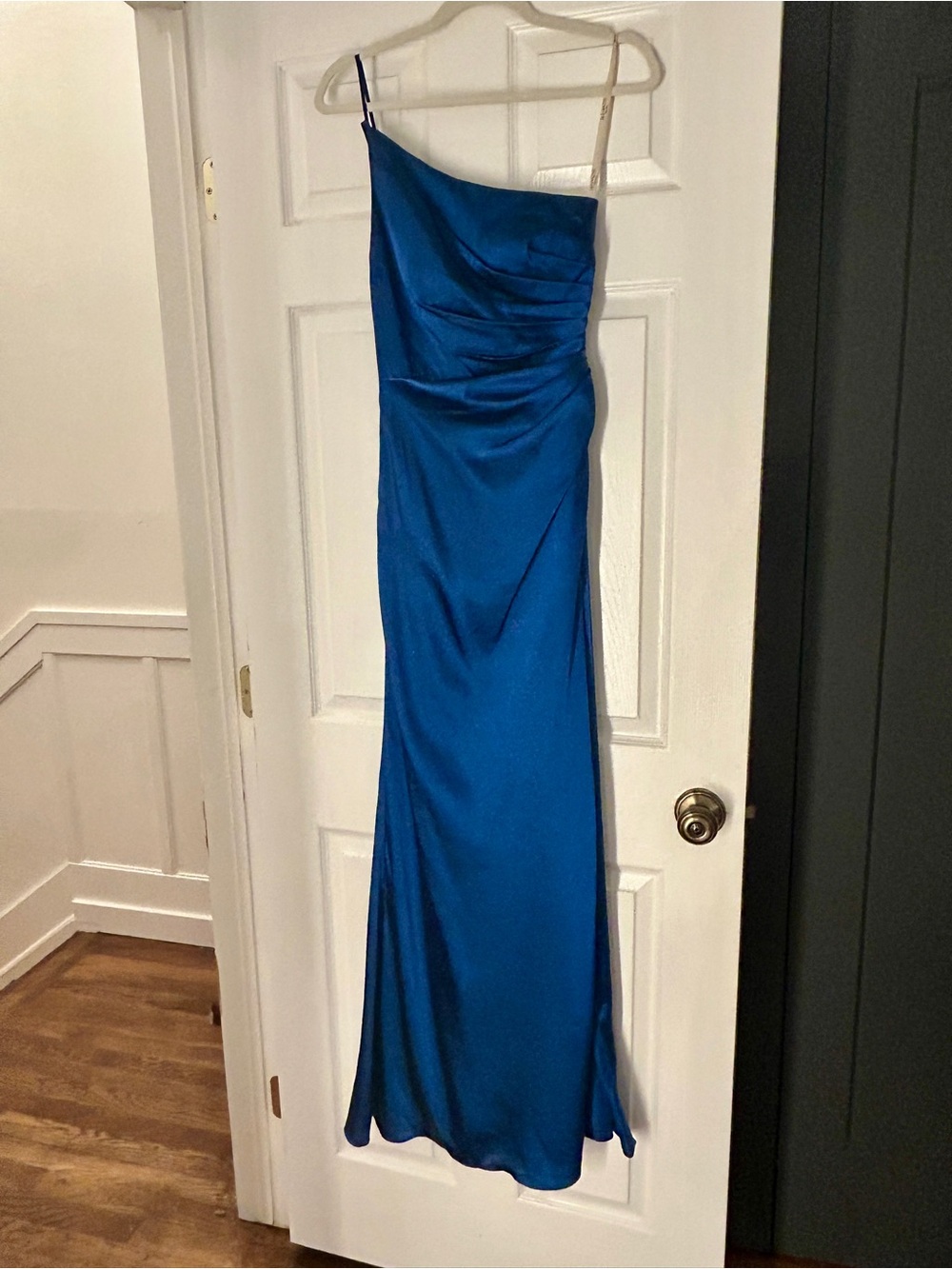 One-Shoulder Satin Evening Gown in Royal Blue